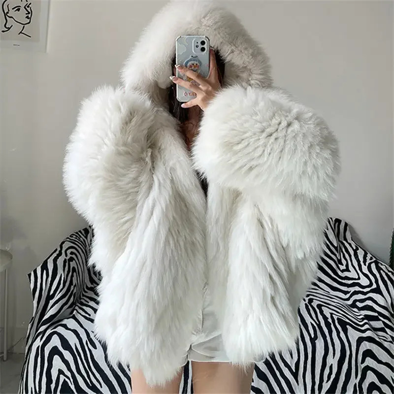Faux Fur Jackets for Women Autumn Winter Short Bat Full Sleeve Hooded Coats Slim Spliced Thick Coat Loose Open Stitch Jacket 251029
