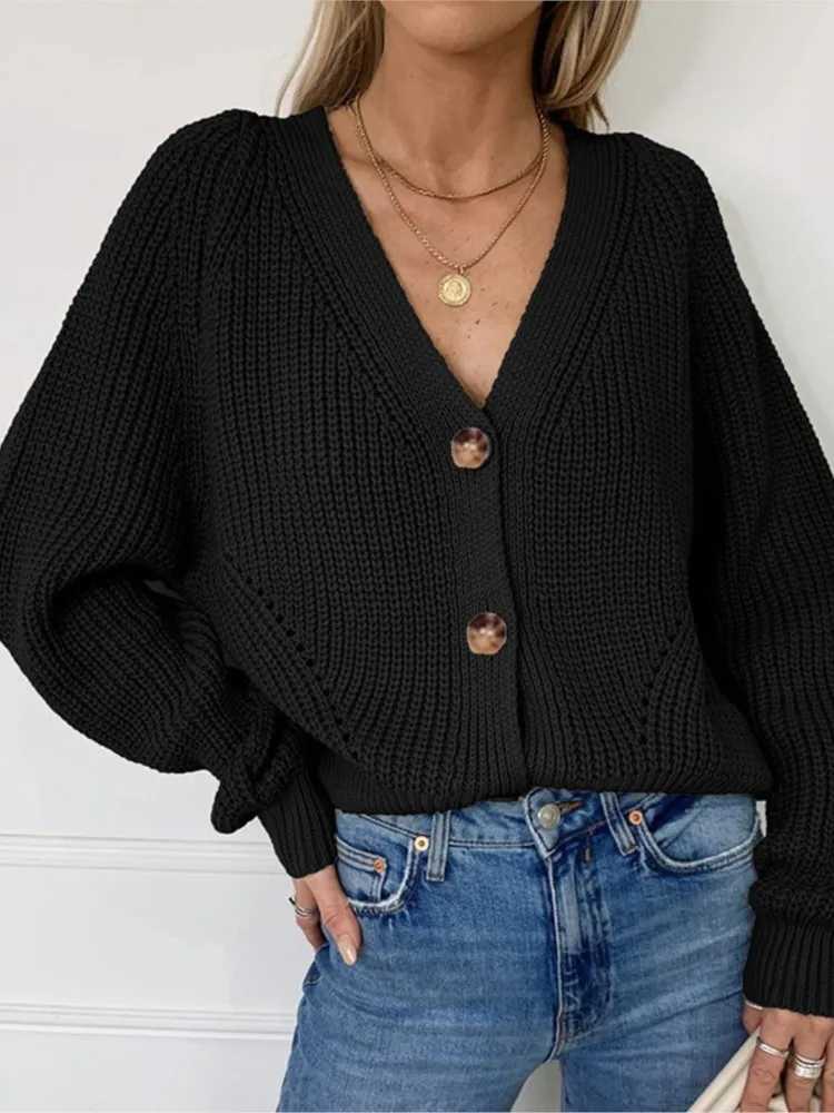 Autumn Winter Womens New Sweater Womens Cardigan Solid Color Sexy Vneck Fashionable Lantern Sleeve Button Knit CardiganT251028