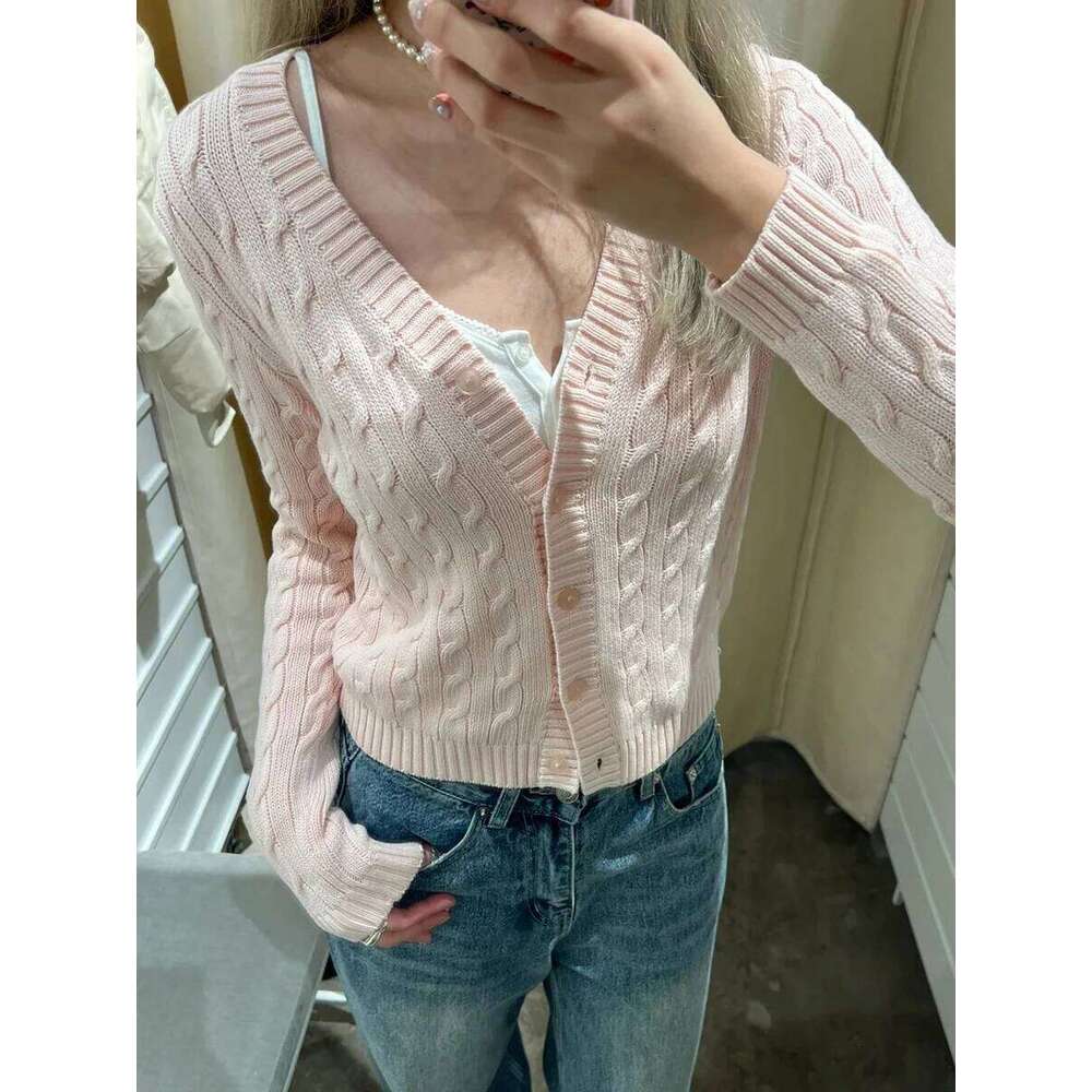 New Pink Twisted Flower Sweater Cardigan Autumn Long Sleeve V-Neck Single Breasted Knitcoat Solid Simple Cotton Sweet Sweaters