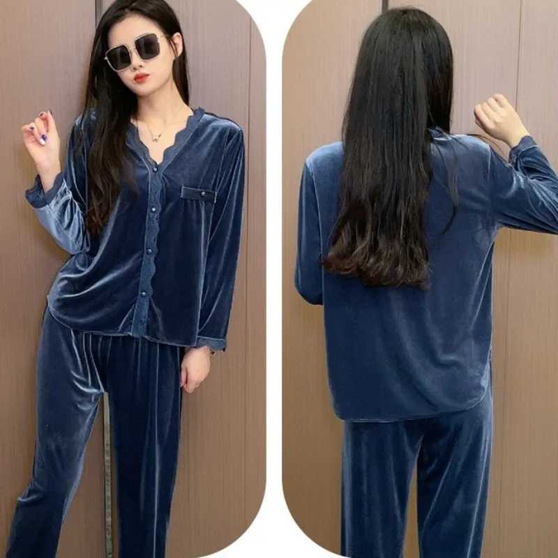 Pleuche Simple Vneck Pajamas Womens Spring Autumn Sleepwear Suit Winter Loungewear Wear 2024 New Solid Color Lace HomewearT251029