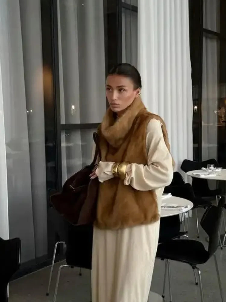 Women Casual Solid Faux Fur Vest Fashion Leisure Sleeveless High Collar Loose Waistcoat Lady Daily Chic Highstreet Vests 251029