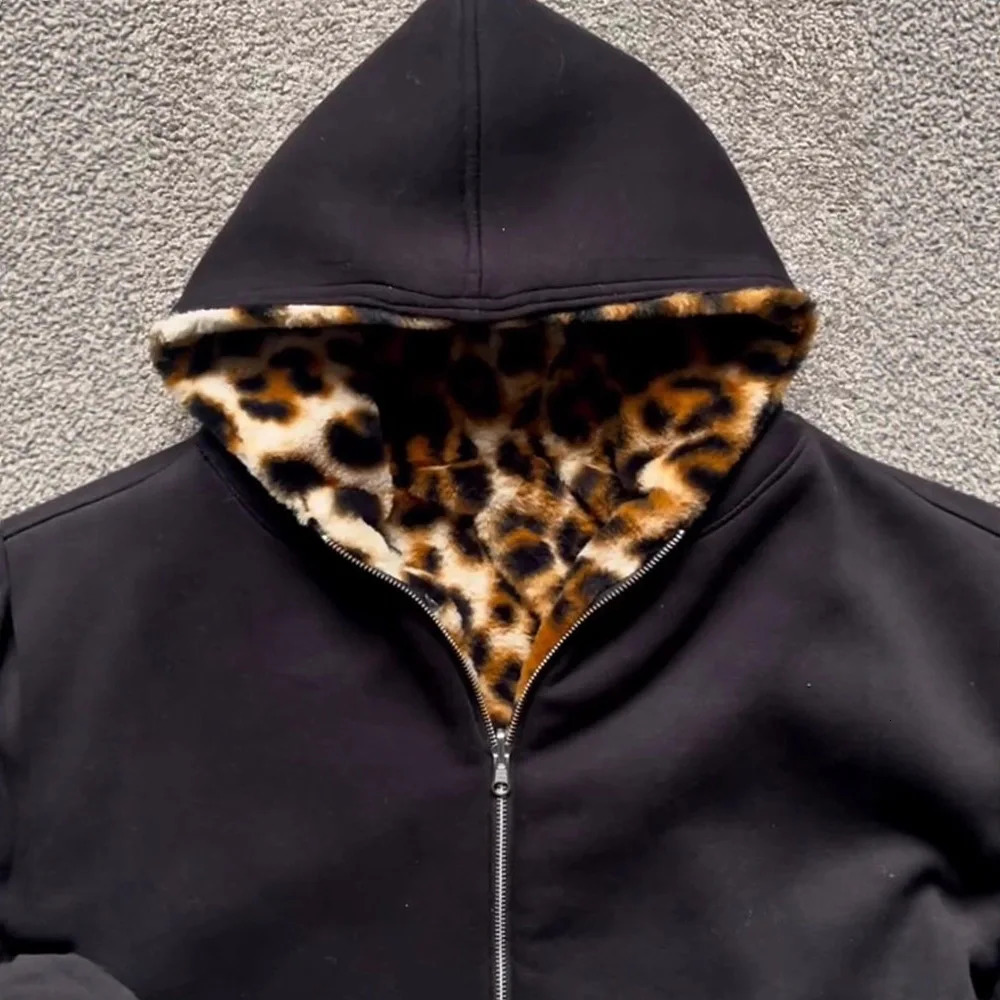 Autumn and Winter Fashion Retro Leopard Print Hooded Zipper Doublesided Sweatshirt Jacket 251029