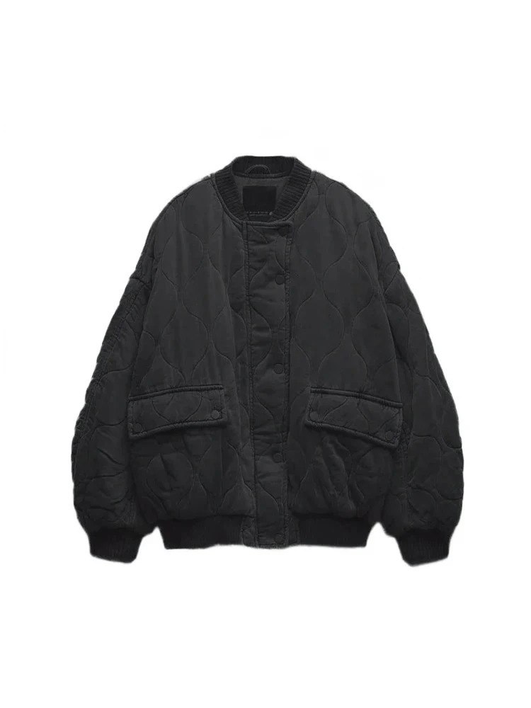 Womens Fashion Round Collar Single Breasted Long Sleeve Jacket Solid Color Quilted Warm Casual Jacket 251028
