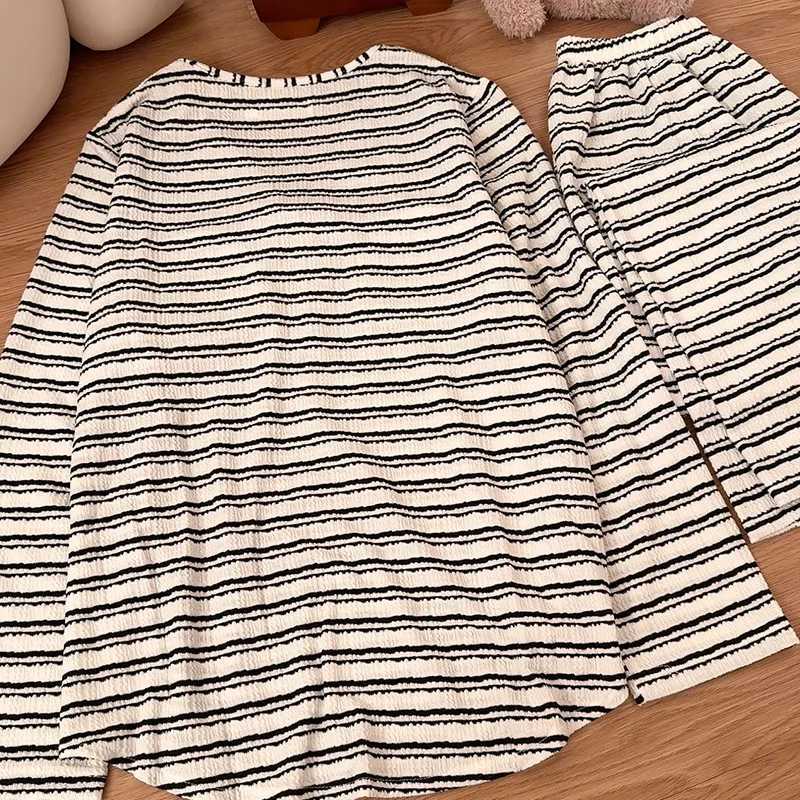 Womens Pajamas Fashion Striped Sleepwear Set Cotton Chest Pad Long Sleeve Tops Trousers Sets Autumn Winter Home Suit For WomenT251029