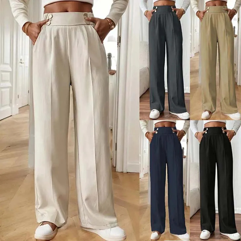 Womens High Waist Wide Leg Pants Flowy FloorLength Trousers Minimalist Straight Fit Lounge with Elastic Wais 251029