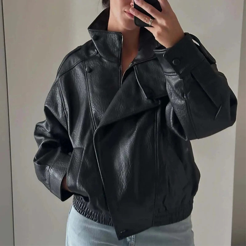 HXAO Black Jacket For Woman Outerwears Faux Leather Long Sleeve In Coats And Jackets Zipper Bomber Motorcycle 251028