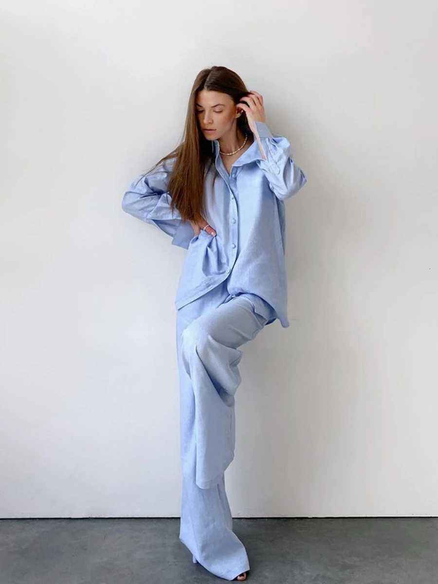 Blubelle 100 Cotton Blue Cardigan Long Sleeved Pants Pajamas TwoPiece Set Loose Casual Shirt Trousers Womens Home ClothingT251029