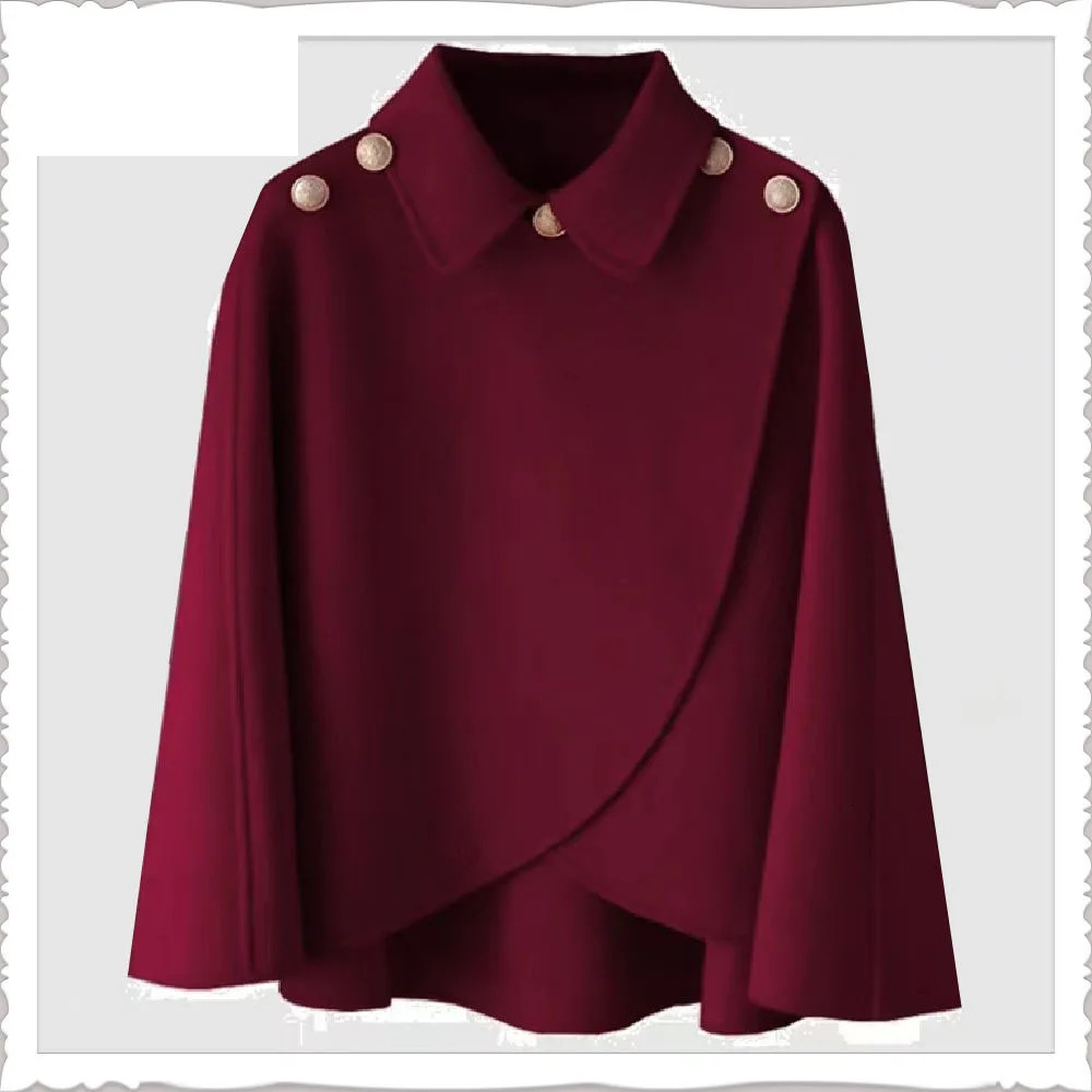Fashion Woolen Shawl Coat For Women 2025 Autumn Winter Woolen Jacket Short Outerwear Cape Red Black Coat Tops Female 251029