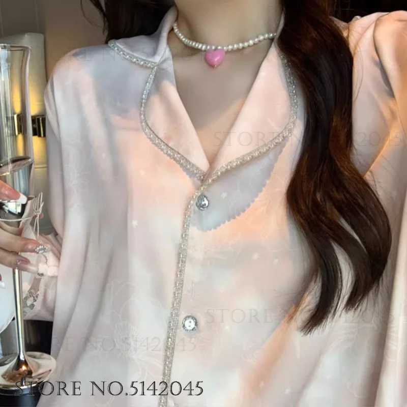 Luxury Silk Satin Female Pajamas Sleepwear 2PCS Set Fashion Bead Lace Home Clothing Trouser Suits Spring New Loose Lounge WearT251029