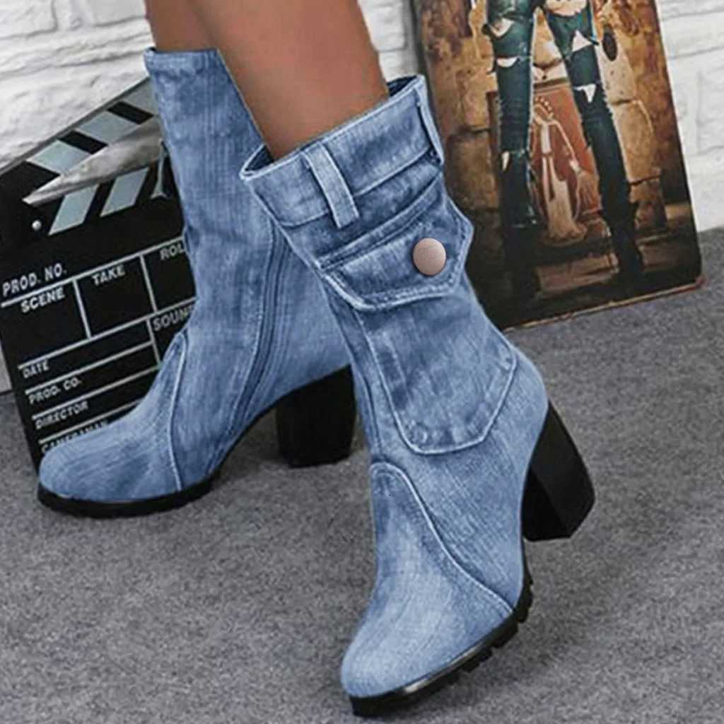 Blue jeans boots Womens Midrise Rome Solid SlipOn Chunky Med Heels Boots wild vintage Large Size Ladies shoes Z251029