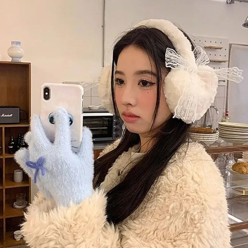 Winter Japanese Sweet Girl Cute Earmuffs lace Bow Plush Winter Warm Headwear Women Earplugs Cold Protection Love ear muffs 251029