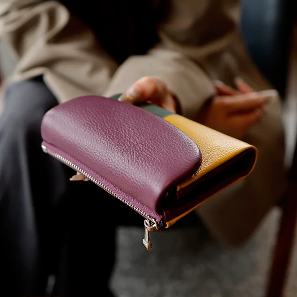Women Tricolor Wallet Cow Leather Card Holder Clutch Zipper Coin Pocket Short Wallet Cash Purse With Po ID Window 251029