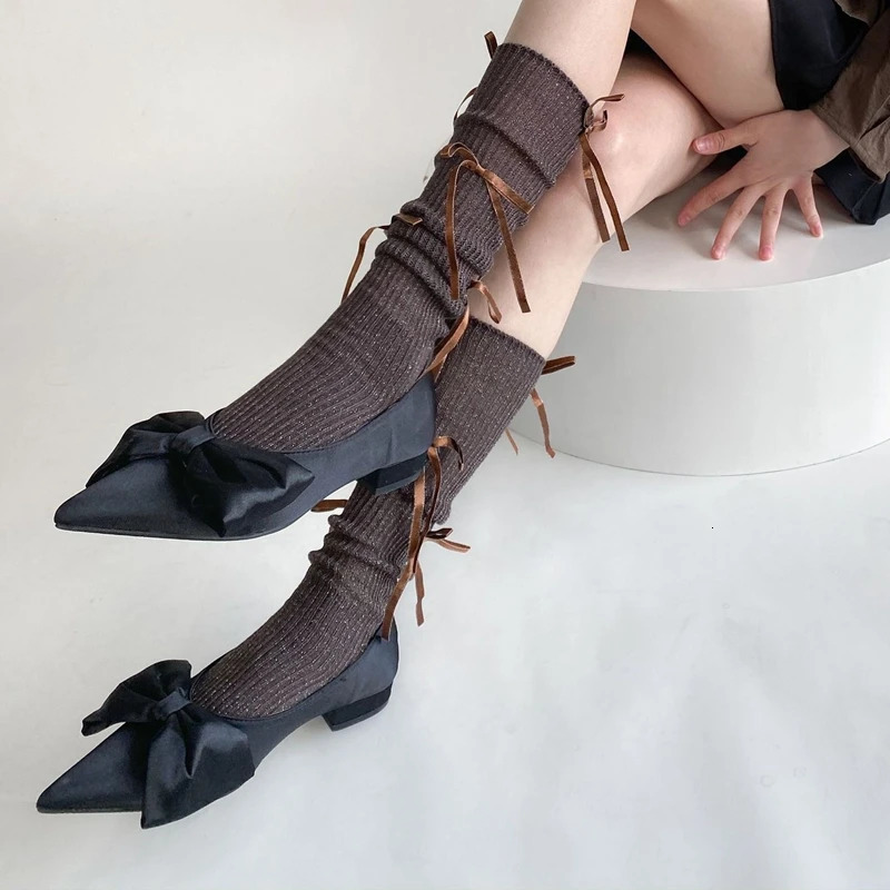 Ballet Style Multi Bowknot Womens Socks Fashion Cotton Elastic High Tube Female Sock Sweet Lolita Bow Calf Socks Solid Colors 251029