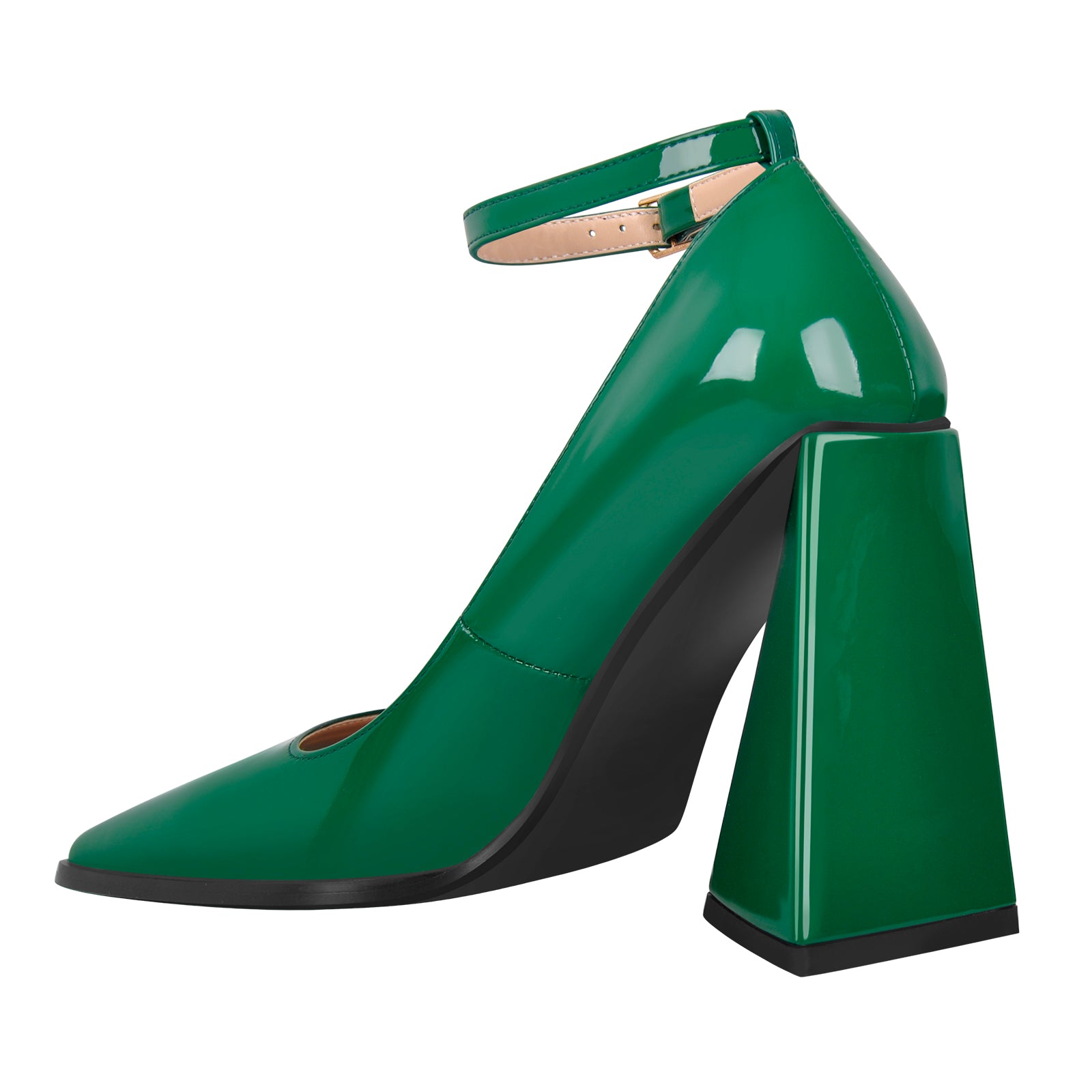 Chengdu Artisan Square Toe Heels 8.5cm Chunky Heel Ankle Strap Patent Leather Shoes Green Black
