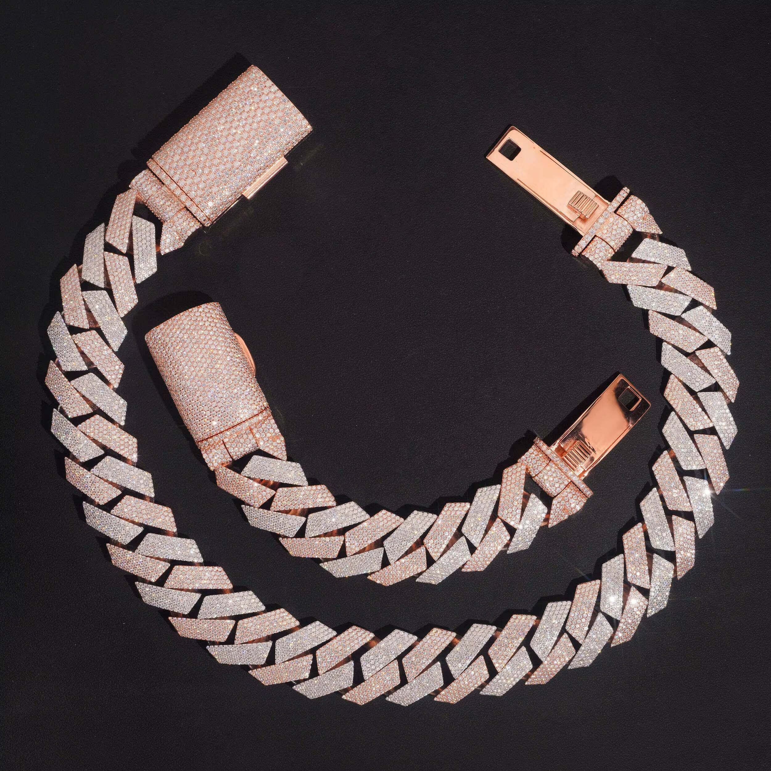 Hip Hop Solid Silver 925 Rose Gold Two Tone Big Cuban 24MM Iced Out VVS Moissanite Cuban Chain Necklace
