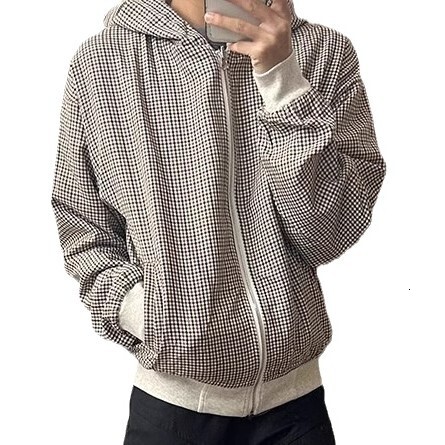 American High Street Reversible Houndstooth Zipper Hooded Sweatshirt Men's Casual Designer Jacket Vibe Cardigan Jacket Trendy