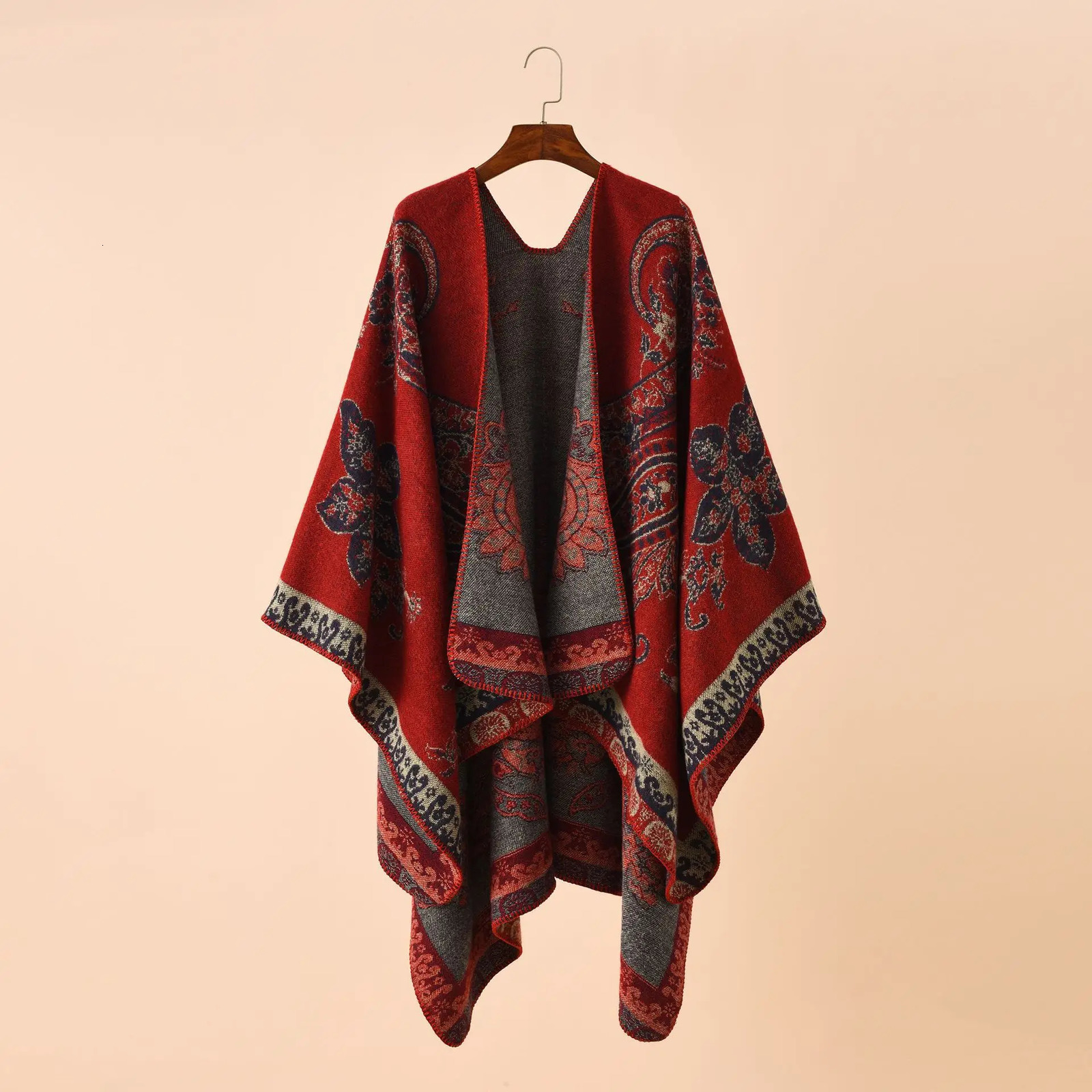 2025 Autumn Winter Street Geometric Lattice Flower Pattern Cashmere Warm Shawl Cloak Women Poncho Capes Red 251029
