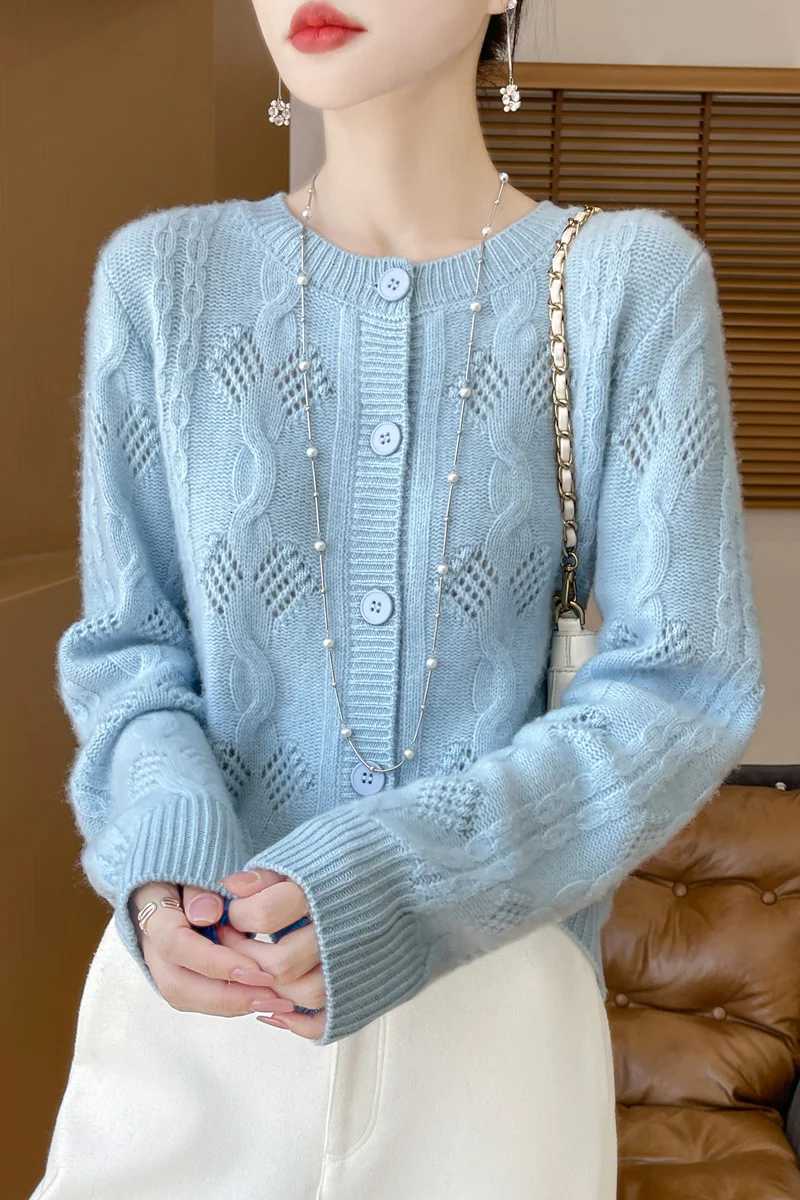 Autumn Winter Twist Flower Single Breasted 100 Merino Wool Womens Cardigan Thick ONeck Casual Loose Sweater Coat TopsT251028