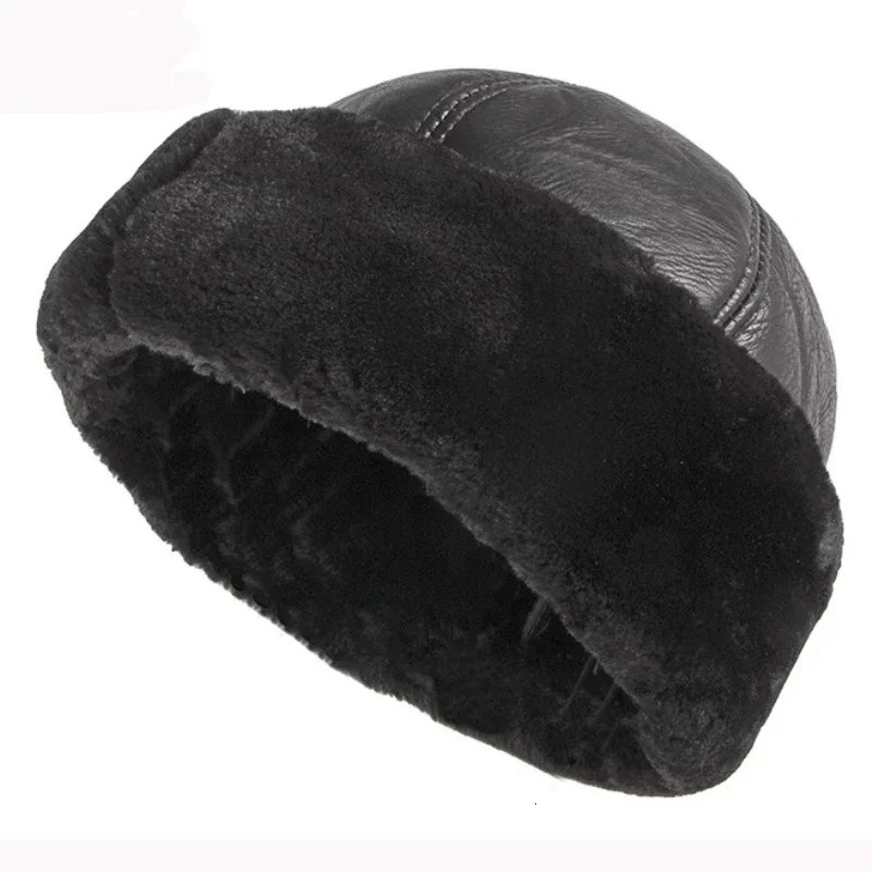 Thick Outdoor Warm Winter Hat Men Black Fur Leather Russian Male Windproof Snow Ski Cap Fleece Lined 251029