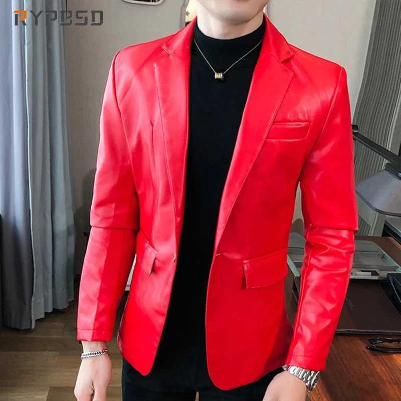 Leather Jacket Men Slim Fit Autumn Streetwear Korean Social Casual Business Solid Red Blazer Coat Fashion Faux PU Suit JacketT251029