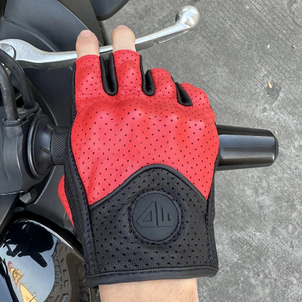 Leather Motorcycle Gloves Breathable Motocross Riding Moto Summer Racing All Season Guantes Red Half Finger Luva Motor 251013