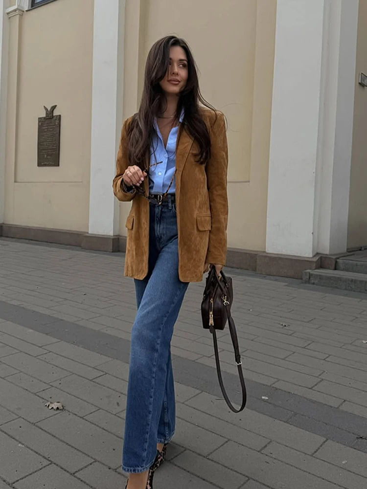 Vintage Suede Single Breasted Female Jackets Chic Long Sleeve Lapel Coats for Women Spring Lady Outerwear High Street 251021