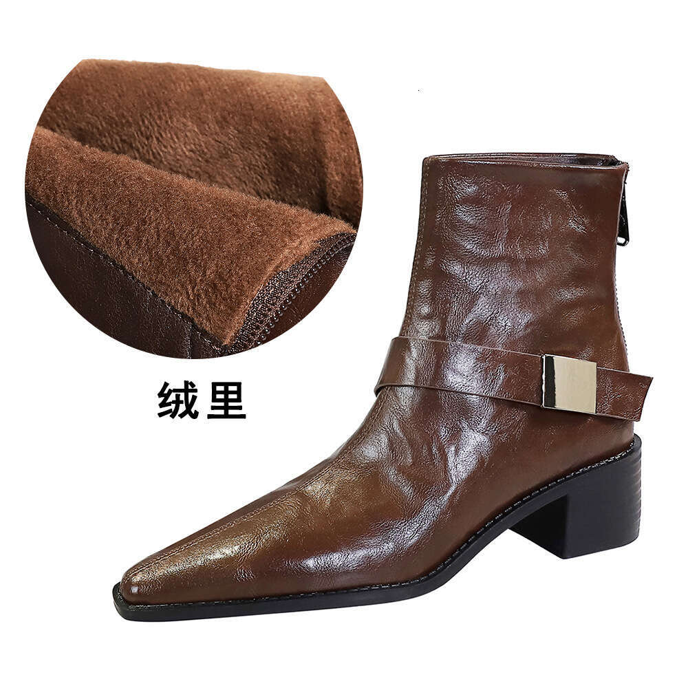 Pointed Toe Stylish Designer Shoe Winter Mid Calf Short Boots Chunky Heel with Metal Buckle Riding