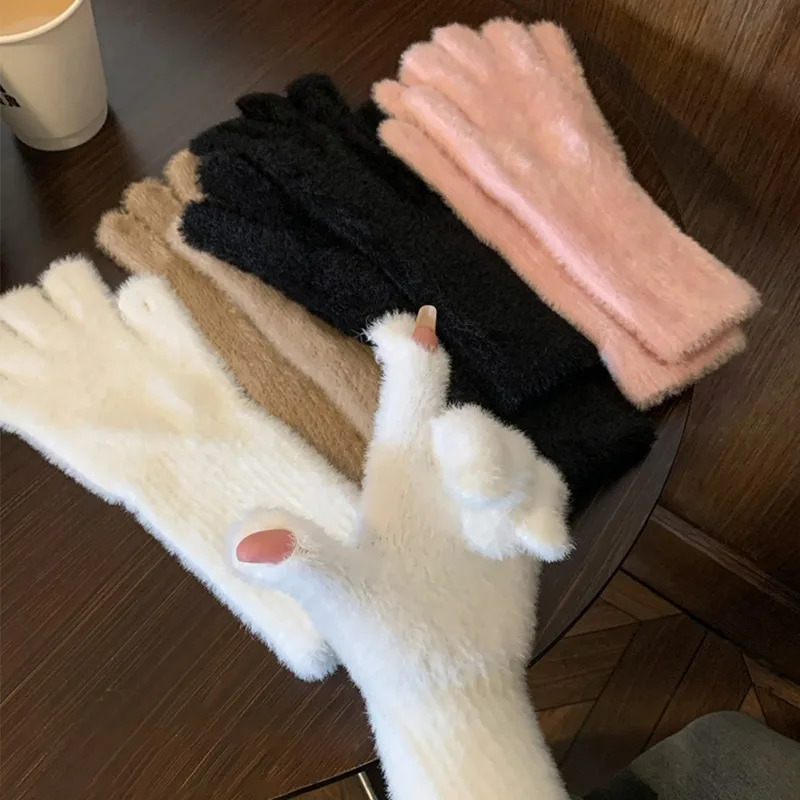 Sweet Mink Wool Long Gloves Women Winter Thicken Knitted Warm Short Fluffy Plush Mittens Protective Arm Anticold Outdoor Gloves 251029