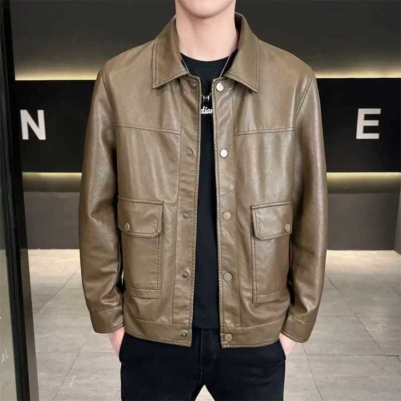 Mens Leather Jacket Mens Spring Autumn New Shirt Lapel Trend Motorcycle Leather JacketT251029