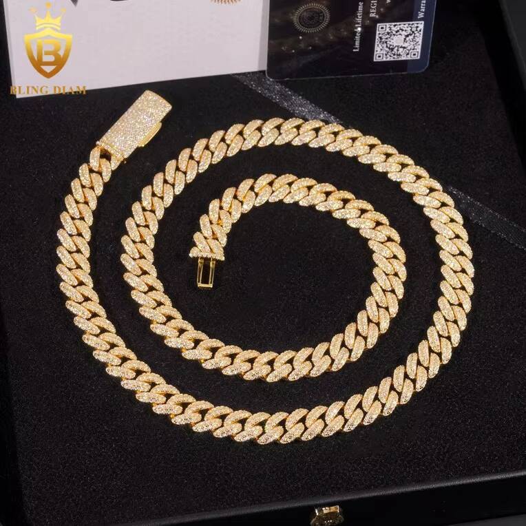 In Stock Iced Out Moissanite Cuban Link Chain HipHop Style 10mm S925 Silver Moissanite Cuban Chain Pass Diamond Tester with GRA