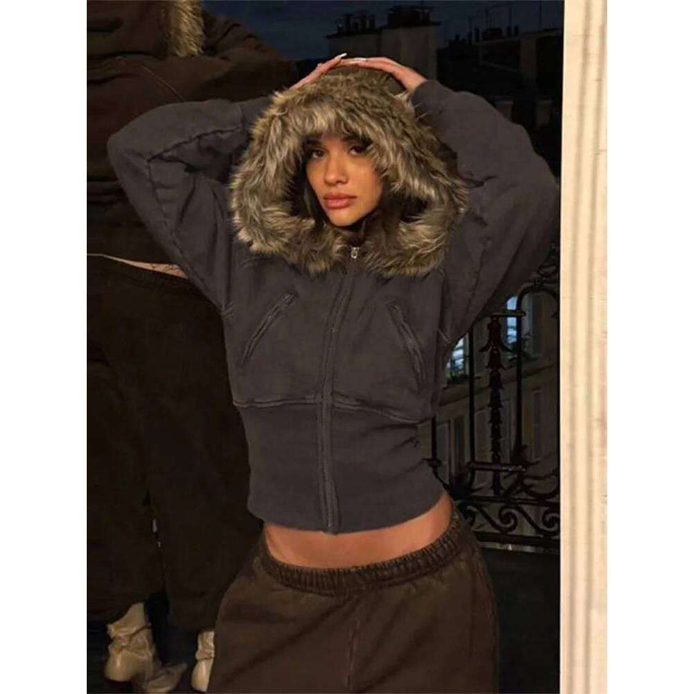 Fashion Solid Feather Hooded Short Jacket Women Zipper Pockets Full Sleeve Waist-closed Coat 2025 Autumn Lady New Street Outwear