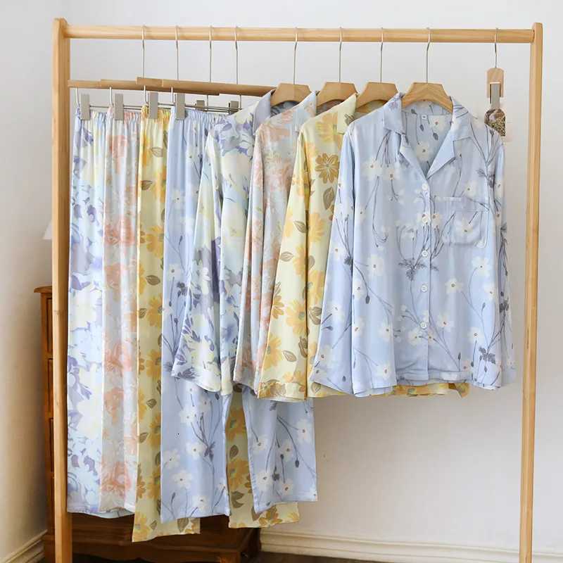 Womens Thin Satin Pajamas Long Sleeve Home Suit Draping Silky Loungewear Viscose Turndown Collar Nightwears Two Piece SetsT251029