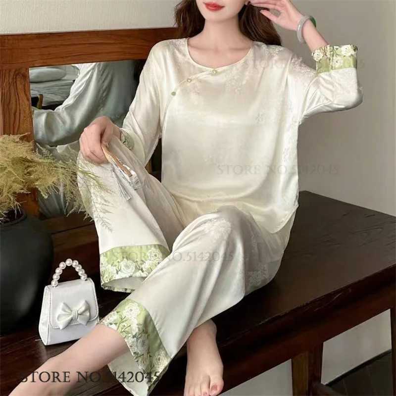 New Chinese Style Women Pajamas Set Loungewear Elegant Print Flower Sleepwear Trouser Suits Loose Silk Satin Homewear PyjamaT251029