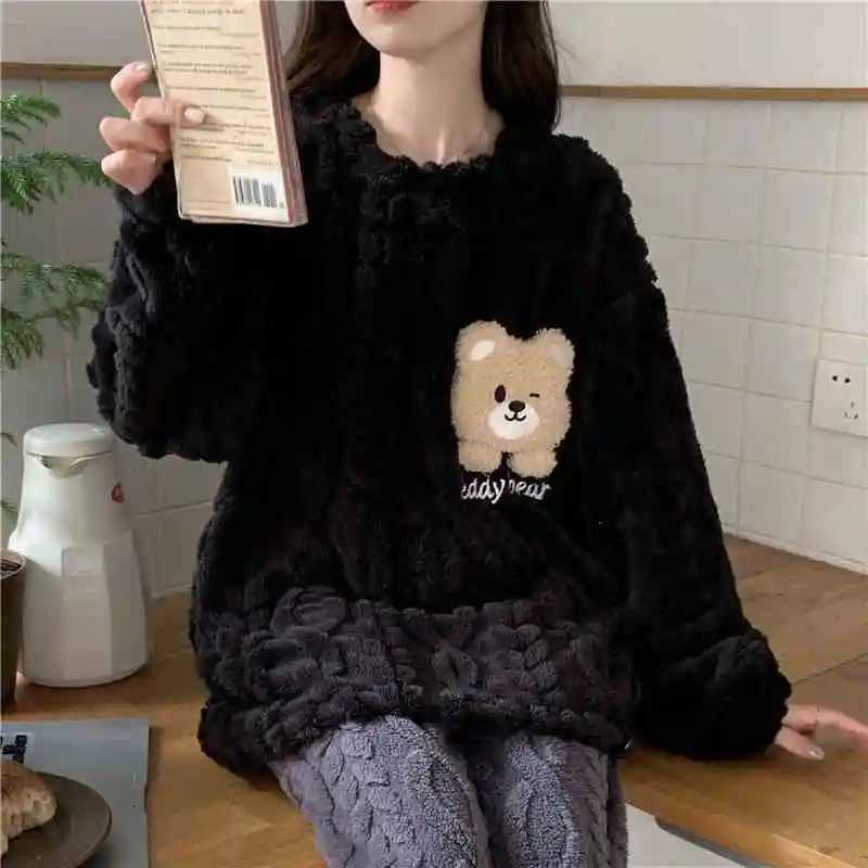 Panda Cartoon Warm Sleepwear Womens Pajamas With Pants Set Lovely Cute Pajama Female Flannel Long Sleeve 2 Pieces Home SuitT251029