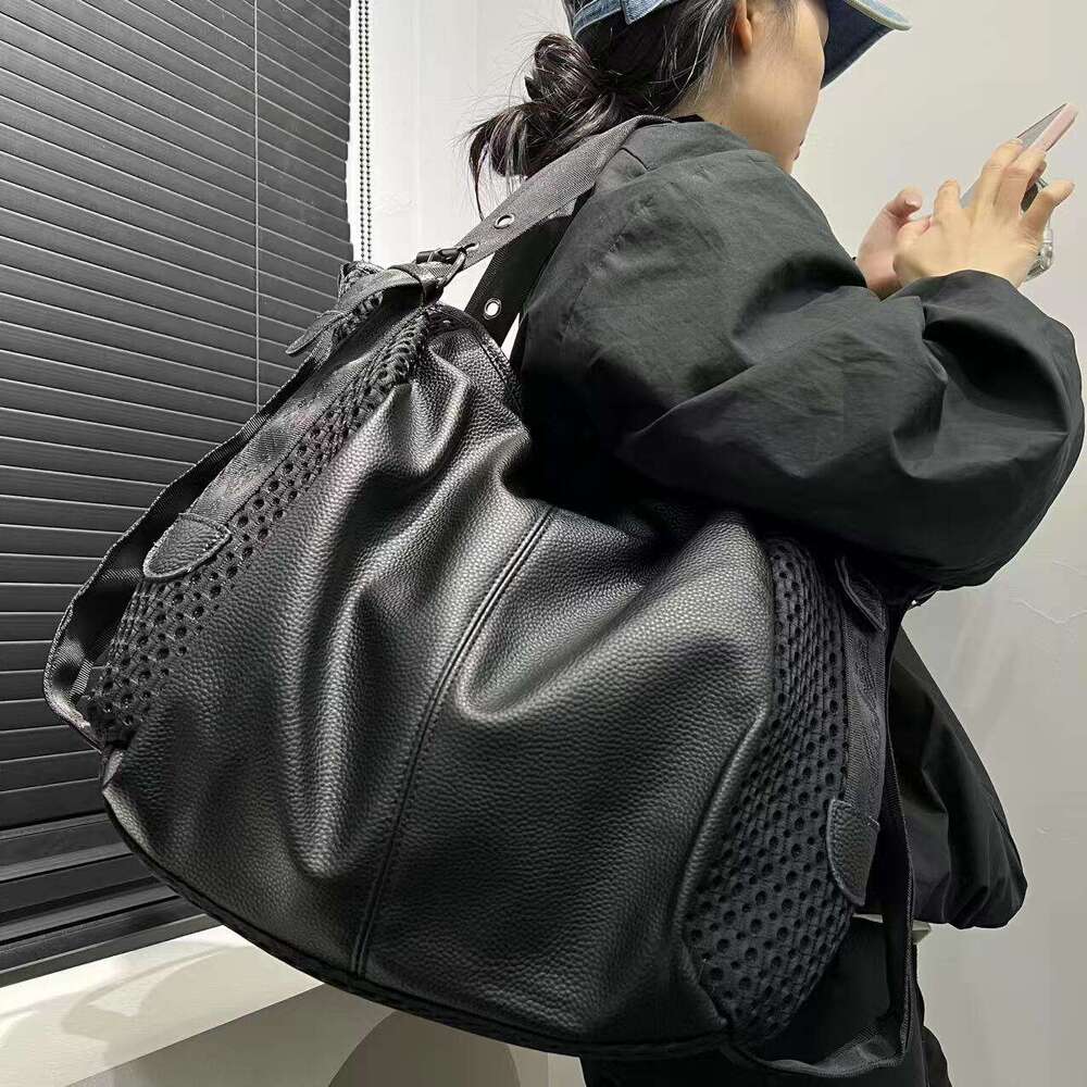 Large Capacity Mesh Spliced Shoulder Bag Street Style Handbag With Adjustable Strap, Black Nylon Polyester Lining, Zipper Closure For Daily