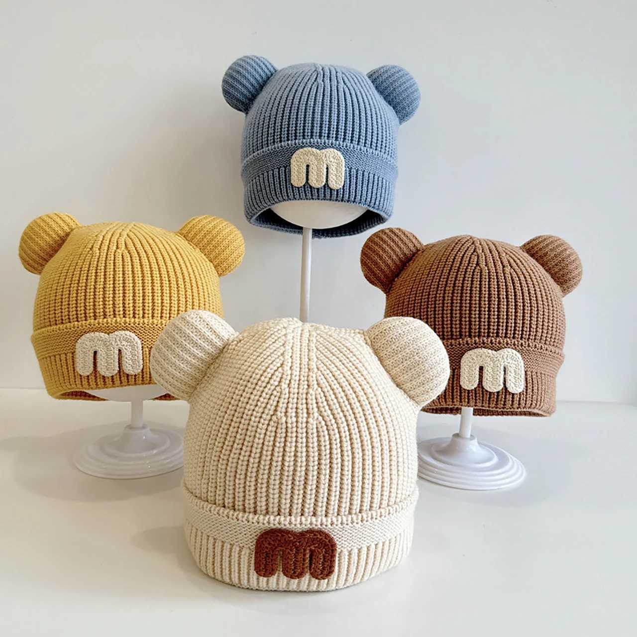 Solid Color mLetter Baby Knitted Hat Thick Warm Autumn Winter Beanie Outdoor Coldproof Kids Boys Girls Pullover Cap251028