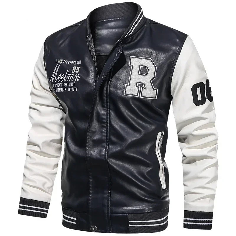 Mens American Baseball Collar Pilot Casual PU Spring and Autumn Leather Jacket Motorcycle Suit Color Blocking 251028