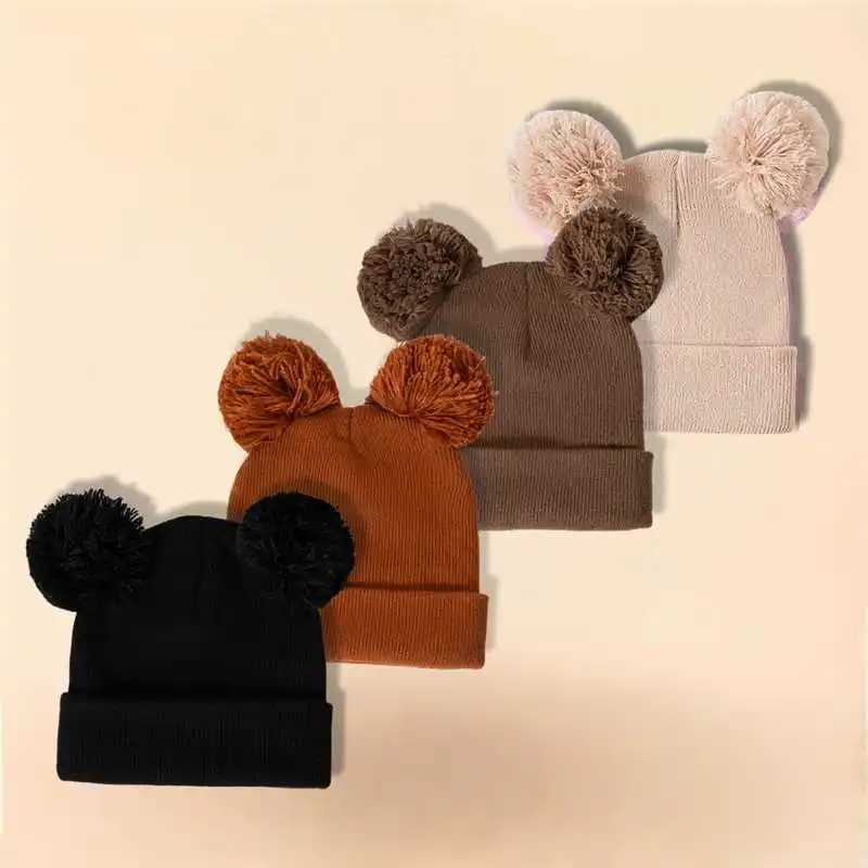 4PC Double Ball Childrens solid color 16Y cute baby knitted cap Acrylic autumn and winter cap251028