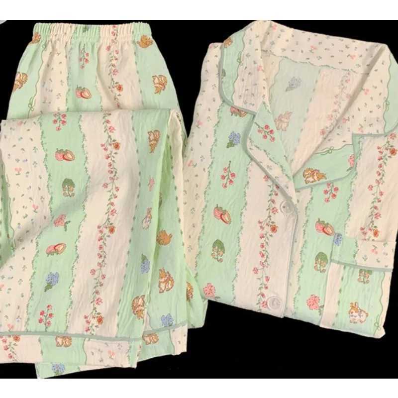 Four Seasons Women Pajamas Cloud Cotton Floral Stripe Long Sleeve Trousers Print Cardigan Student Nightwear Girl SleepwearT251029