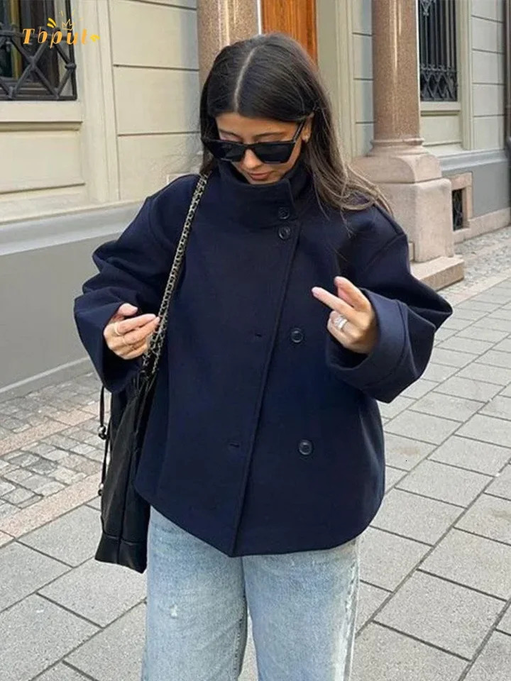 Solid Woolen Blend Casual Coat Women Stand Collar Long Sleeve Single Breasted Fashion Jacket Autumn Lady High Street Outwear 251028