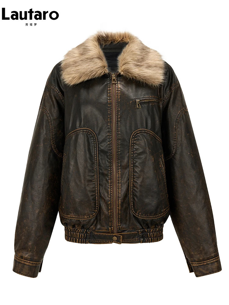 Lautaro Spring Autumn Cool Handsome Vintage Distressed Brown Pu Leather Jacket Women Faux Fur Collar Clothing 251029