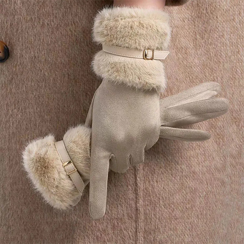 Winter Women Keep Warm Plus Velvet Touch Screen Thicken Plush Wrist Suede Gloves Fashion Personality Elegant Drive Cycling 251029