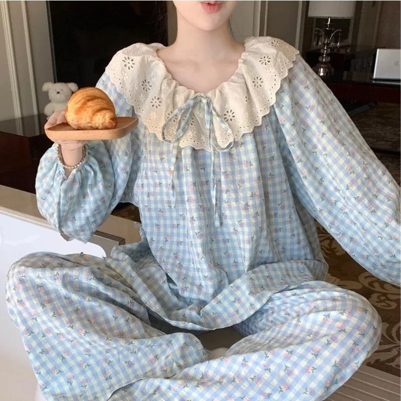 Sweet Large Collar Lace Trim Pajamas for Women with Plaid Long Sleeves and Pants Student Home Wear Size 2 Piece Set 251029
