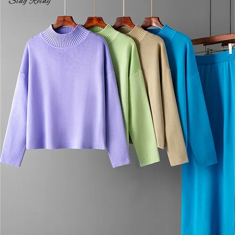 SINGREINY Fashion Autumn Sweater Two Pieces Suits Women Loose Warm PulloversSplit Long Skirt Winter Casual Knitted Sets 251028