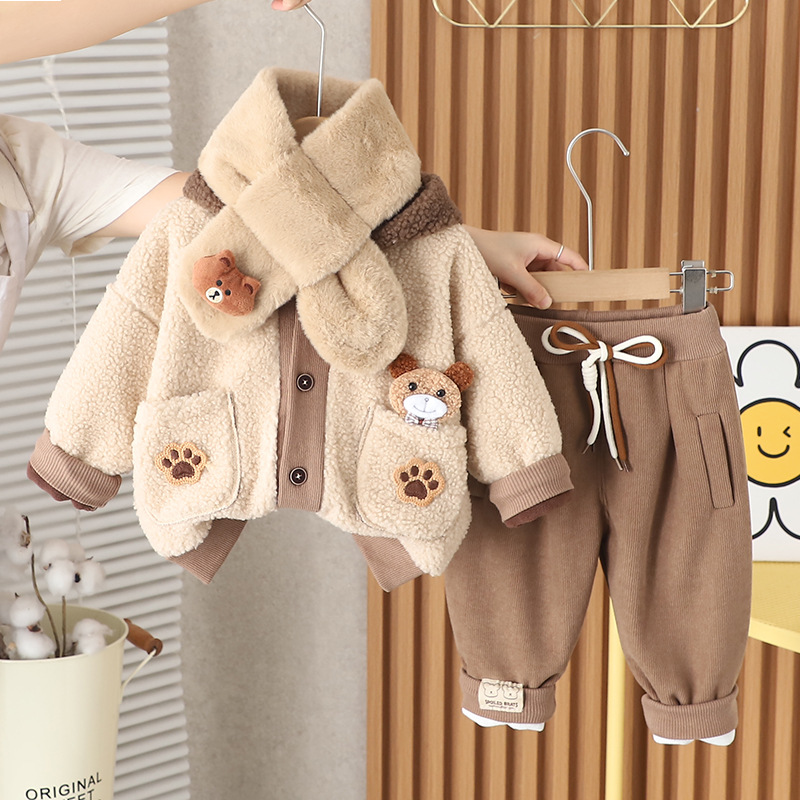 Free Shipping 2025 New Winter Clothes for Babies, Fleece Lined Bear Hooded Set with Scarf, Warm Jacket Pants for Outdoor Daily Wear