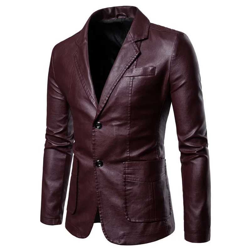 Autumn New Mens Black Lapel Leather Suit Jacket Blue Business Casual PU Jacket Red and Khaki BlazersT251029