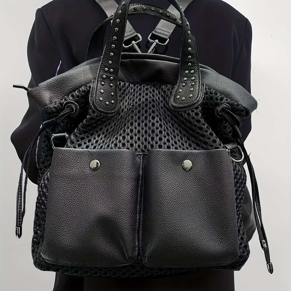 Stylish Women Large Capacity With Mesh Panel Rivet Accents Convertible To Crossbody Bag, Durable Nylon, Multi Front Pocket