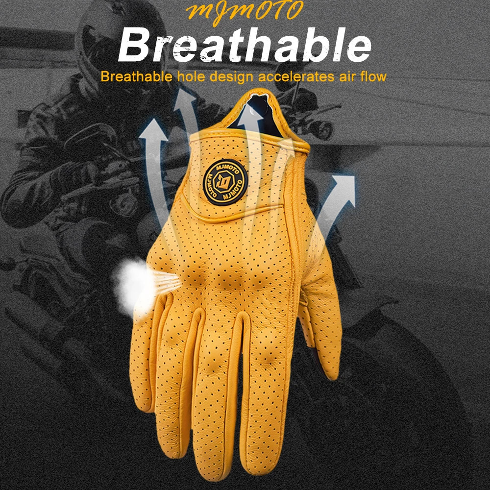 Retro Yellow Leather Motorcycle Gloves Men Women Breathable Perforated Motorbike Racing Touch Screen Motocross Moto Glove 251013
