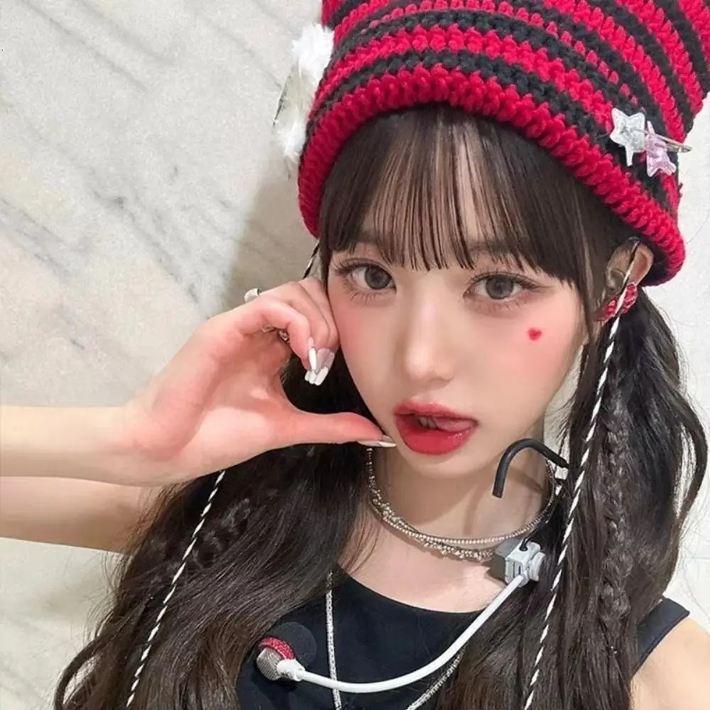 Y2K Beanie Hat Women Ins Devil Ear Striped Knitted Wool Cap Autumn Winter Hiphop Crochet Cute Cat Ears Pointed Pullover Hats 251029