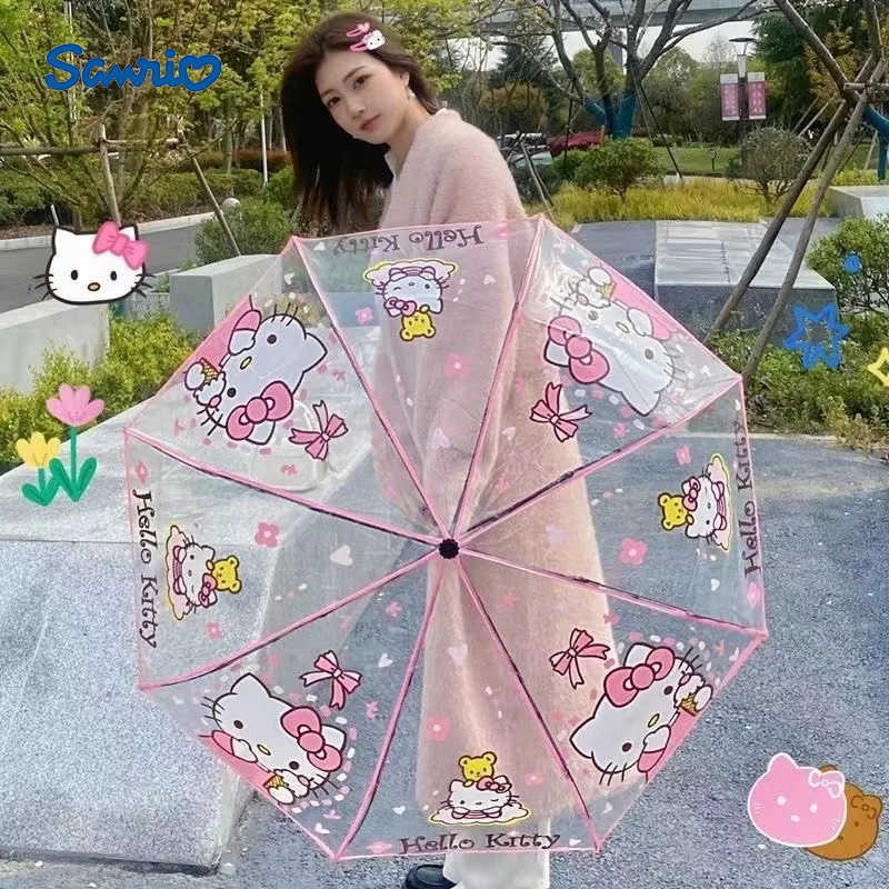 Sanrio New InStock Sanrio Creative Cartoon Folding Transparent Umbrella Cinnamoroll Kuromi Hellokitty Automatic Umbrella L251029